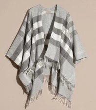 NWT Burberry Collette Cashmere Merino Wool Check Fringe-Trim Cape Poncho Grey