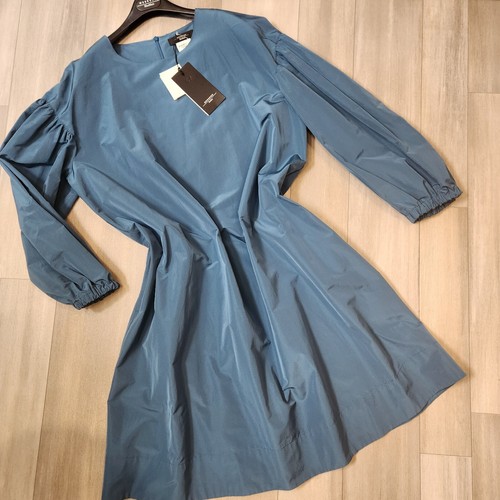 Max Mara mini dress women's 16 teal sateen cotton Jangy puff sleeve new $450 - Picture 2 of 14