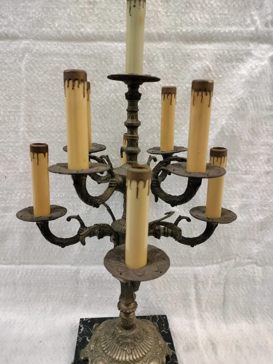 Vintage 1940 s 9 Light Candelabra Table Lamp Ornate Brass On Black Marble