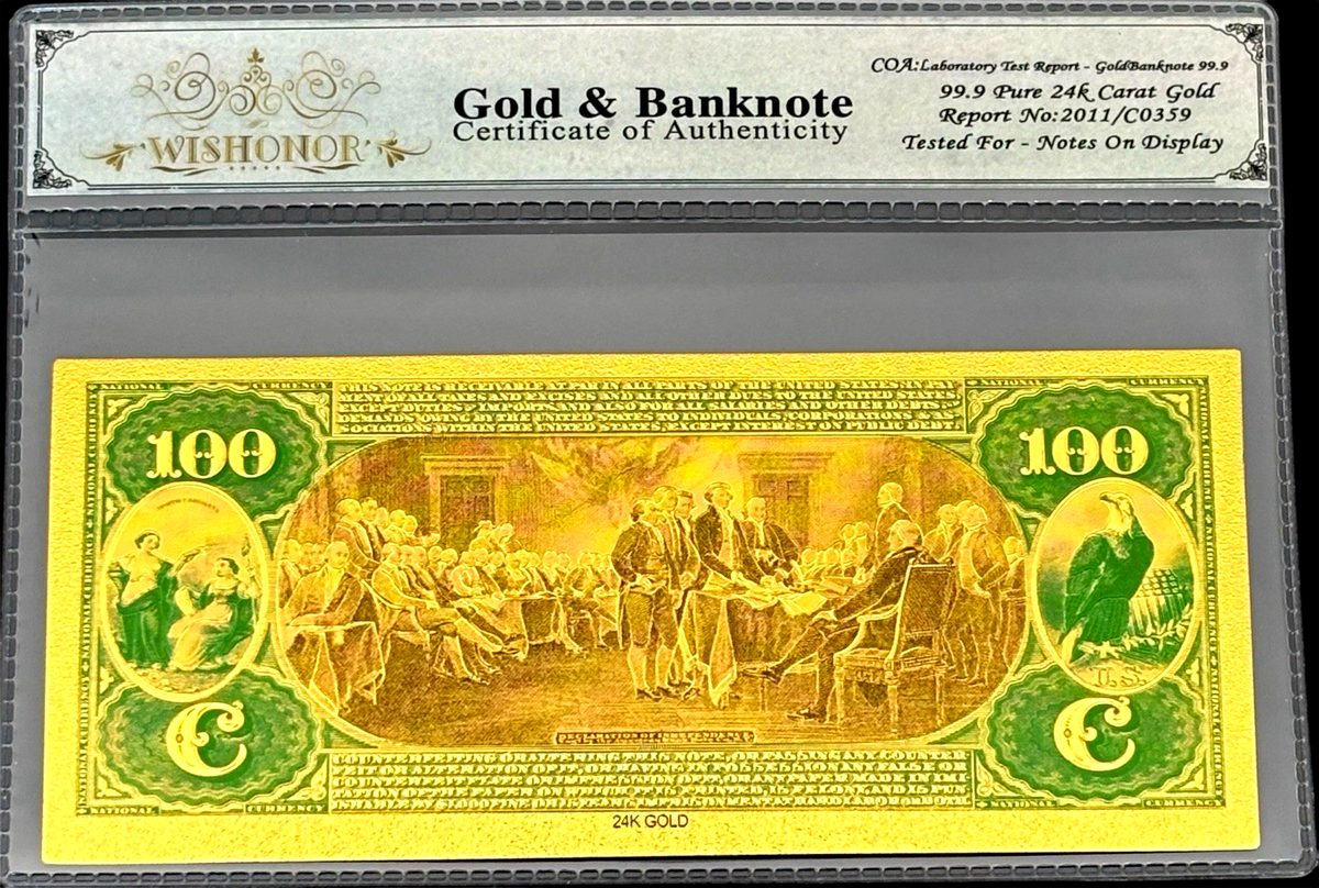 1875 $100 BILL US GOLD BANKNOTE IN PROTECTIVE SLEEVE W COA - 99.9