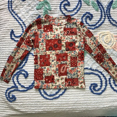 Vintage Kids Shirt, Faux Patchwork Long Sleeve Tee in Red and Blue