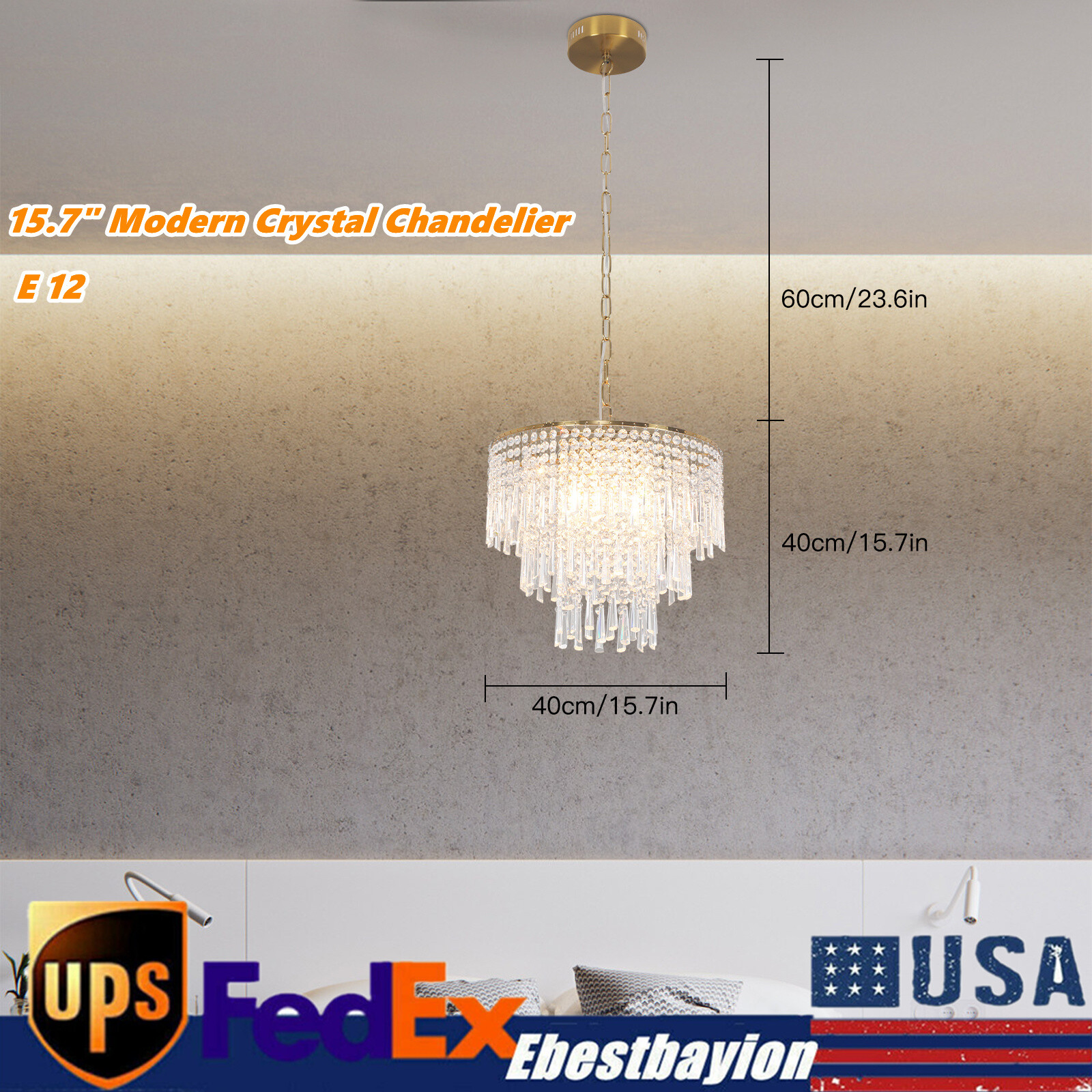 Elegant Modern Crystal Chandelier Lighting Fixture 15.7 Inch Ceiling Pendant Lamp