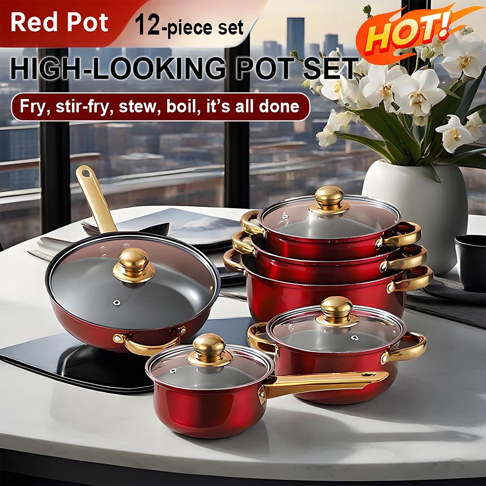 12 Piece Cookware Set Nonstick Pots and Pans Home Kitchen Cooking Non Stick, Red