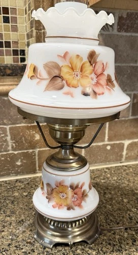 Vintage Milk Glass Hurricane Table Lamp Hand Painted Floral Brass Base 19.5”