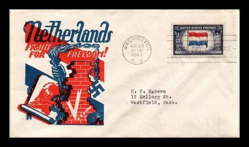 US COVER NETHERLANDS OVERRUN COUNTRIES FDC SCOTT 913 WWII PATRIOTIC CACHET