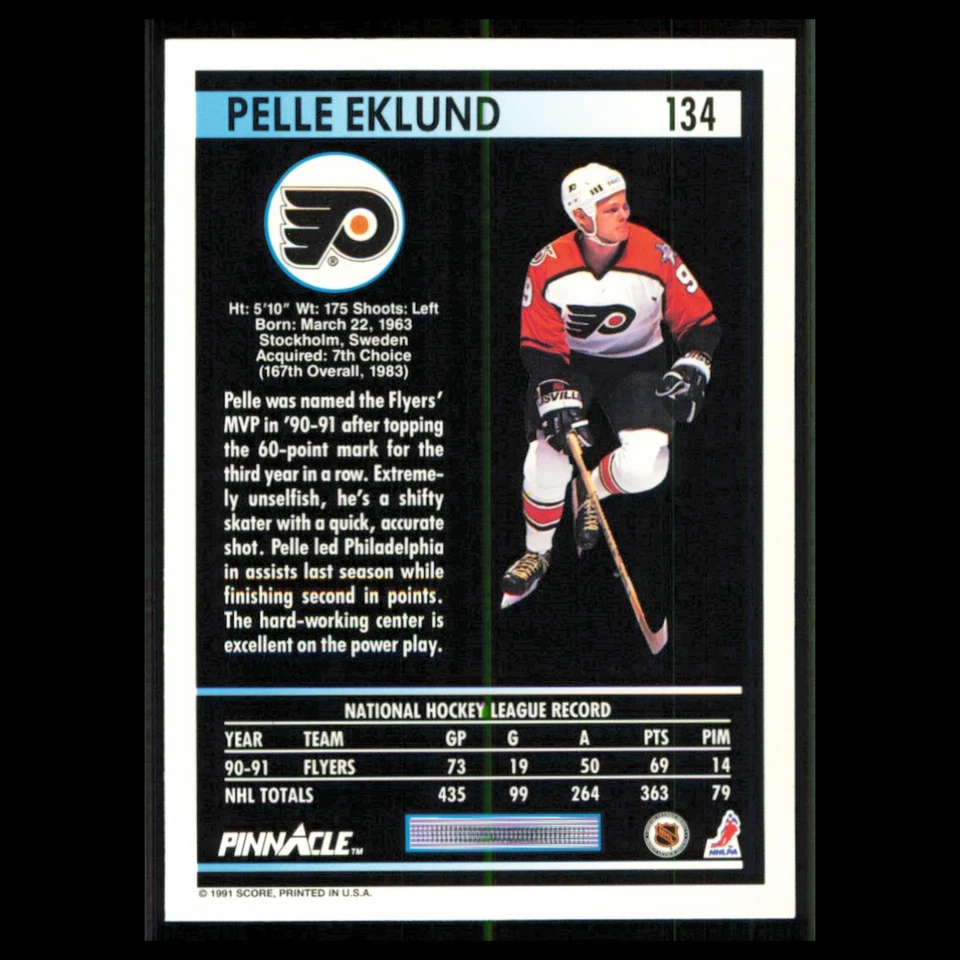 Pelle Eklund #134 1991 Pinnacle Philadelphia Flyers Hockey Card NHL NM - Image 2 of 3
