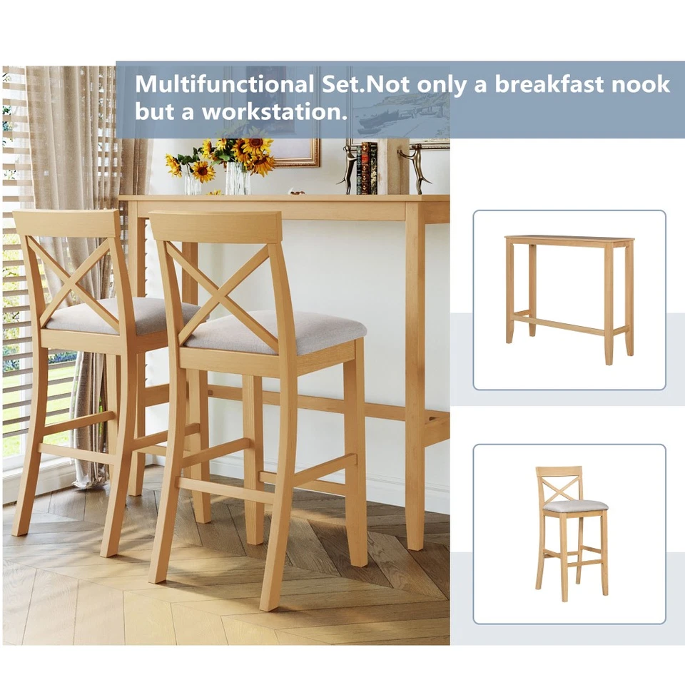Rectangular Wood Bar Height Dining Set W 2 Chairs - Image 3 of 4