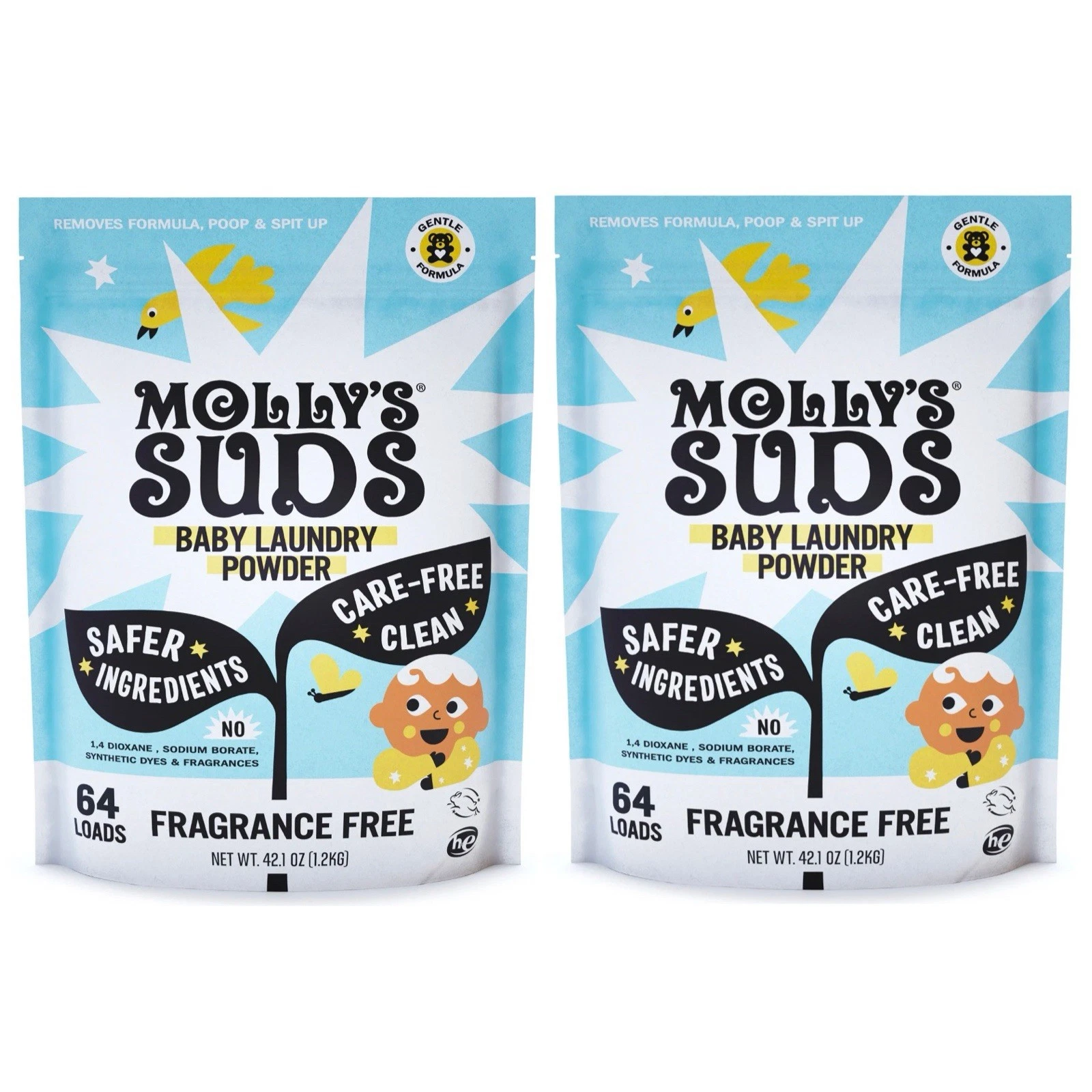 Molly's Suds Baby Laundry Detergent Powder, Unscented, 64 Loads Each, 2 Pack