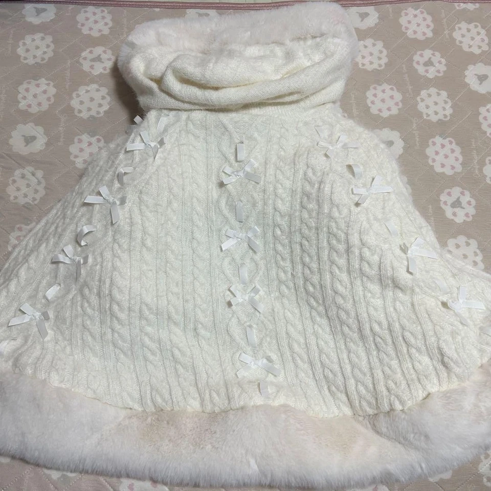 Liz Lisa Knit fur Poncho pom pom Ribbon white ribbon bijou lolita Women - Image 2 of 4