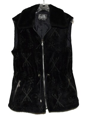 Tsunami Black Plush Faux Fur Drawstring Waist Womens Lined Zip Vest Size SP