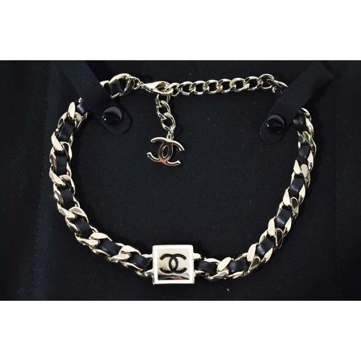 Chanel 22S Gold Chain Link Black Cuban CC Logo Short Choker Adjustable  Necklace