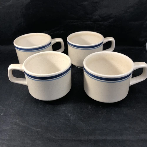 Blue Striped Coffee Mugs Set of 4 Marbled Beige 2 Stripe Tea Cups Vintage