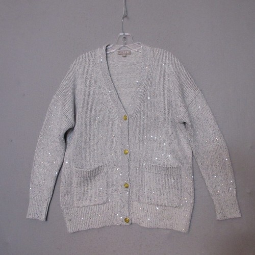 J Crew Sweater Cardigan Women Small Sequin V Neck Gray Gold Button Festive Party