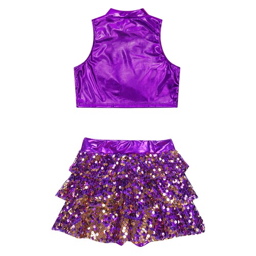 Kids Girls Ballet Dance Dress 2-Piece Metallic Shiny Lyrical Latin Dancewear - Picture 22 of 39