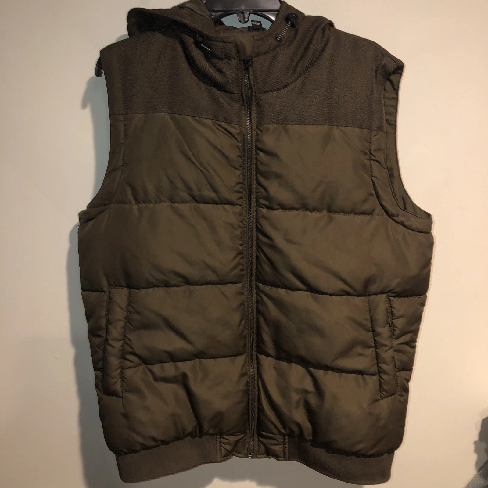 Only & Sons Men's Olive Green Boston Quilted Hooded Vest Preppy Zip Front Sz Lg