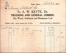 AW Keyte Dexter Maine 1919 Billhead Trucking Dry Wood & Coal