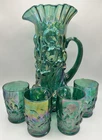 FENTON Spruce Green Carnival Glass Heavy Iris Tankard & 4 Tumblers