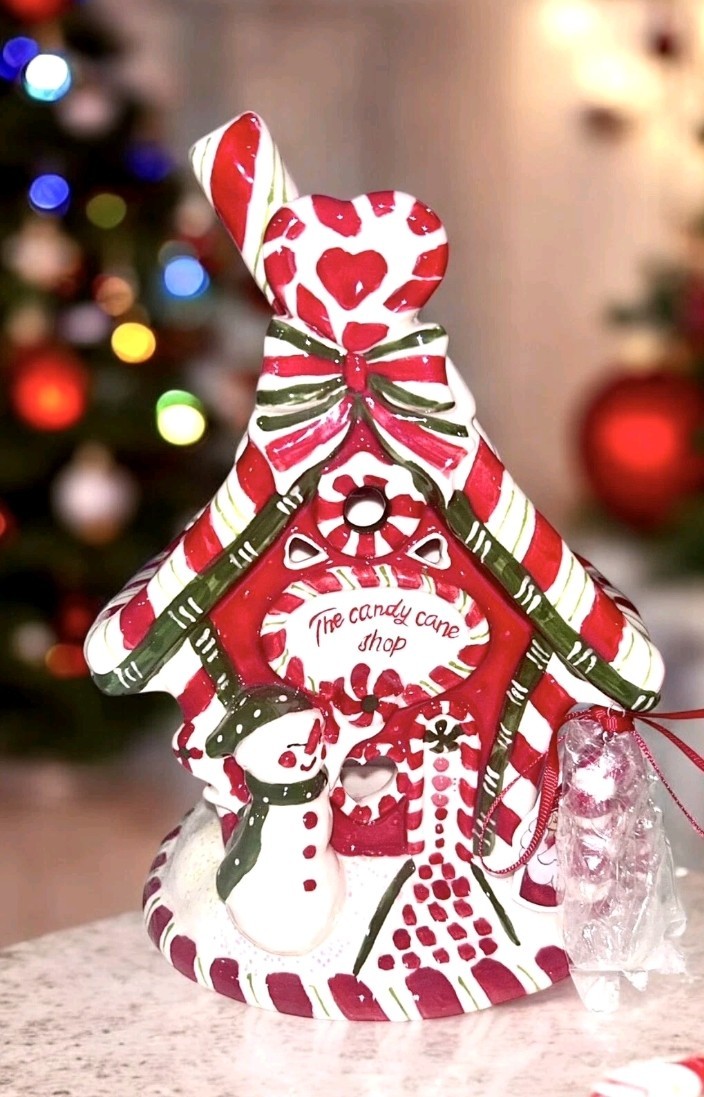 Blue Sky Clayworks X-Mas "THE CANDY CANE SHOPPE" 8.5” Tea Light Candle House NEW