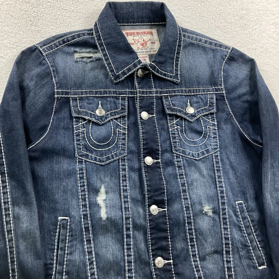 Chaqueta de Camionero True Religion Graffiti Denim Hombres XL Azul Envejecido Indigo Trippi Foto 4 de 4