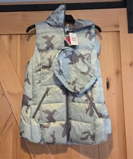 New! My Anorak Women Sz M Long Nylon Hood Duck Down Vest Blue Camo Puffer w/Bag