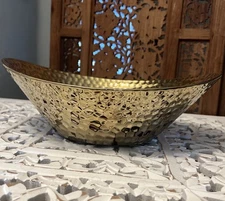 Gold Hammered Look Ceramic Bowl Modern Decor Fruit or Serving Dish 13.5 inches