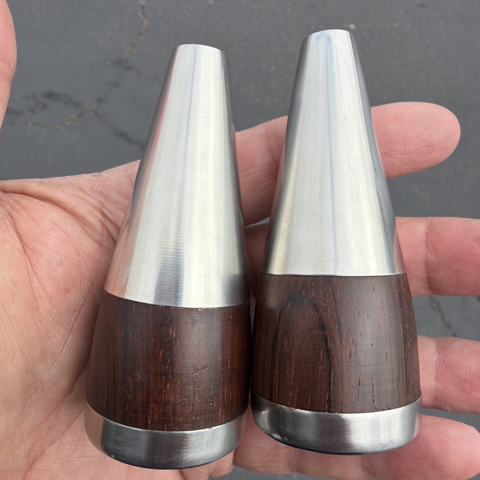 Pair Vtg MCM Denmark Danish Modern Teak Wood Metal Salt Pepper Shakers Rare HTF