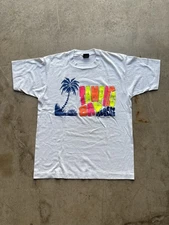 Vtg 80s Screen Stars Best Lifeguard Beach Palm Tree City Neon Graphic Tee Large