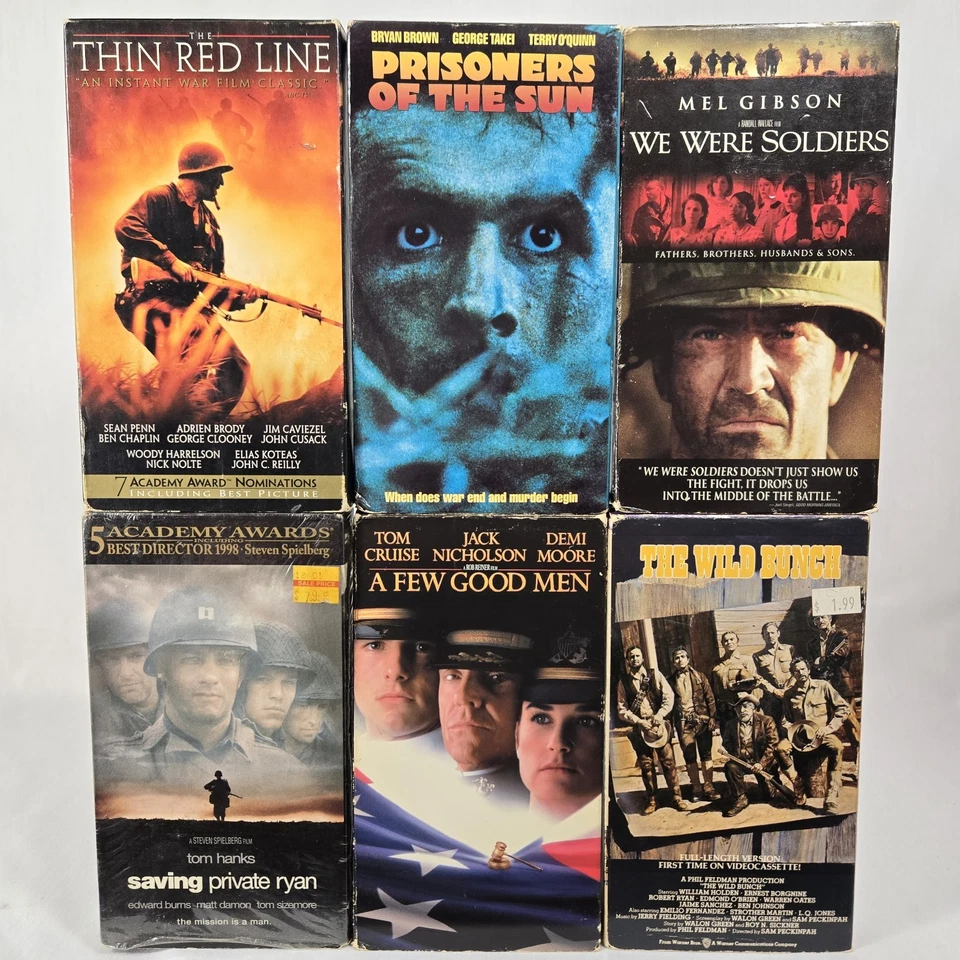War Movie VHS Lot 6 A Few Good Men Saving Ryan Red Line Soldiers Wild Bunch Sun - Image 2 of 4