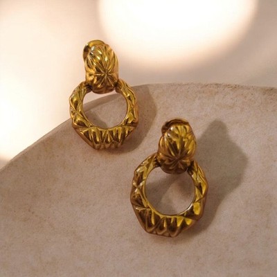 Vintage Monet Gold Tone Doorknocker Clip-On Earrings | Crinkle Texture | NOS