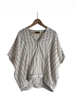 Ruti Cream Pinstripe Oversized V-neck Button Front Batwing Blouse Size M