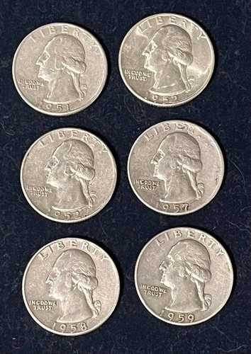 1950’s D Silver Washington Quarters (Qty 6)