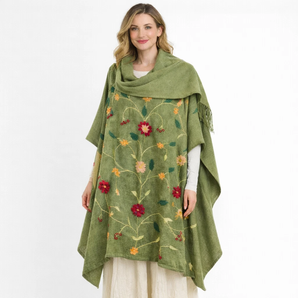 Vtg Wool Poncho Floral Top Wrap w/Shawl Forest Fairy Artsy Festival Cottagecore