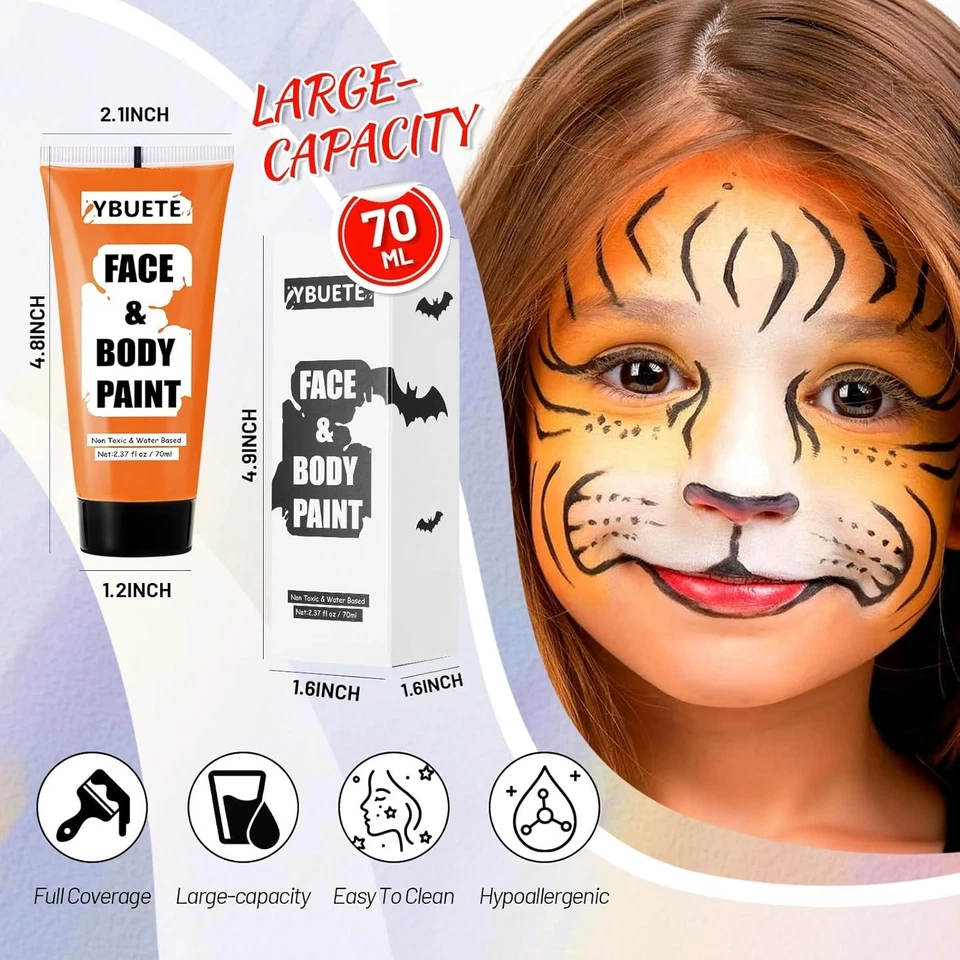 Pintura corporal facial naranja a base de agua, tubo grande de 2,37 OZ cobertura completa  Foto 2 de 4