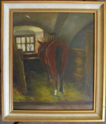 ::PFERD IM STALL GEWÖLBE BURG °BOX FENSTER FUCHS ÖLGEMÄLDE ANTIK RAHMEN ° - Bild 1 von 4