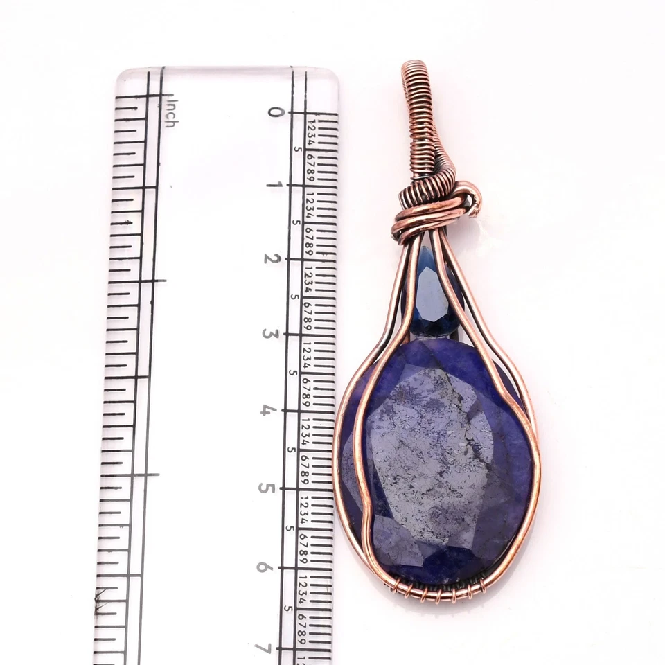 Кулон ювелирный ручной работы с синим сапфиром в медной проволоке 2,15 дюйма - Изображение 3 из 4