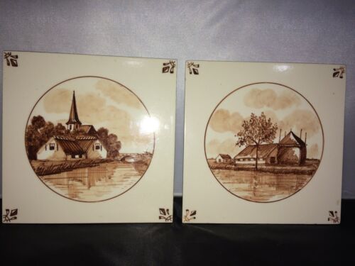 VINTAGE SCANDINAVIAN DESIGN- 2 CERAMIC ACCENT TILES 6" X 6" HAND PAINTED FINLAND - Picture 1 of 3
