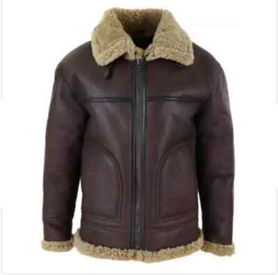 Men's B3  Bomber Brown Aviator Flying Fur Shearling Real Leather Jacket Coat