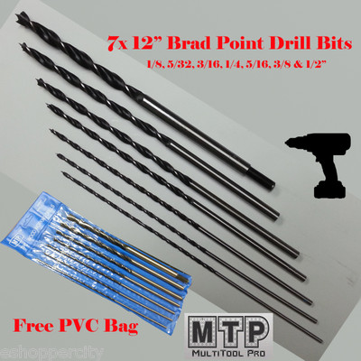 7 Pc 12'' Long Brad Point Drill Bits 1/8 5/32 1/4 5/16 3/8 1/2 Wood Hole Free Bag