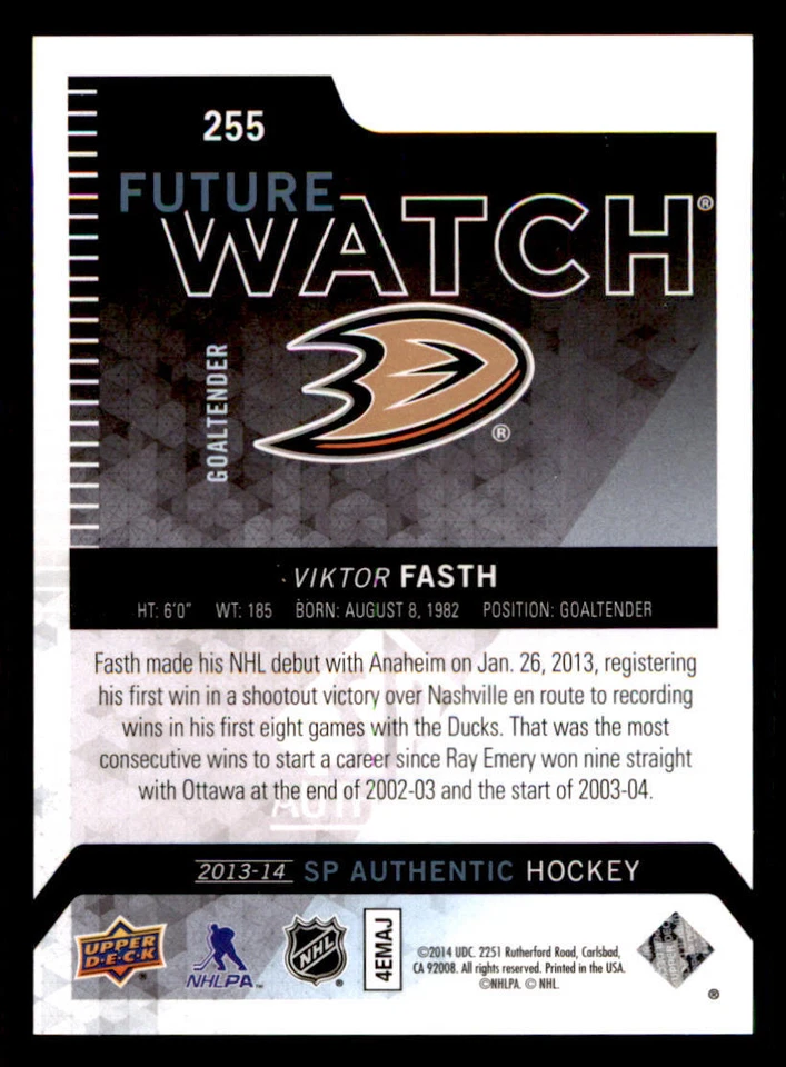 2013-14 SP Authentic #255 Viktor Fasth RC /1299 - Image 2 of 2