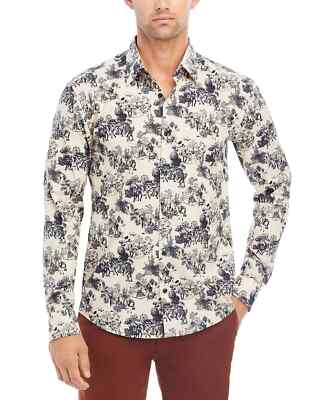 Hugo Boss Men's Beige Long Sleeve Slim Fit Ermo Fairgrounds Print Shirt Size L