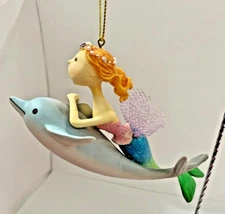 Christmas ornament Fun colorful mermaid riding a dolphin  5 1/4” x 3”