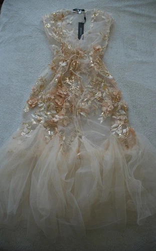 BCBG Maxazria Sheer Dressy Robe Champagne Gold 3D Flowers Embroidery One Size