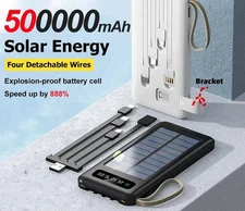 Solar Power Bank 50000mAh Large Capacity Portable Charger Phone Dual USB 4 Cable