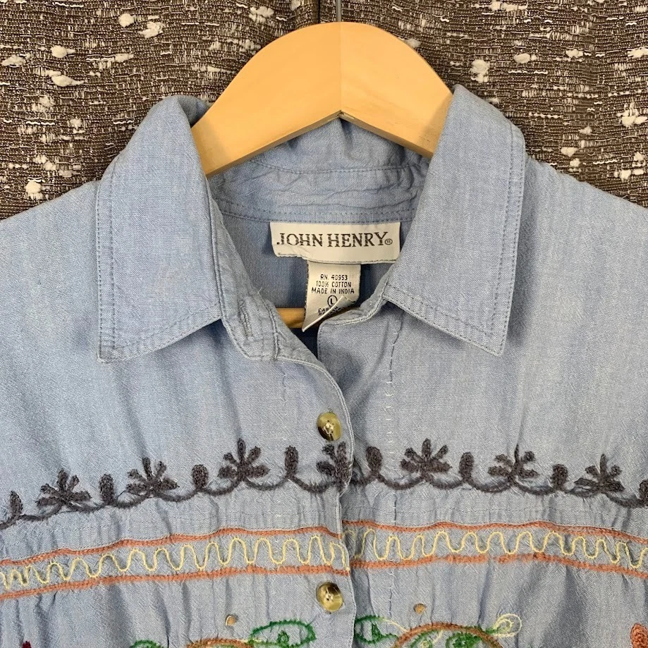 Camisa De Colección John Henry Floral Bordada Con Botones Manga Larga Para Mujer L Foto 4 de 4