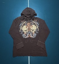 Y2K No Boundaries Hoodie Mens M Cross Skulls Dark Brown Grunge Skater Wings