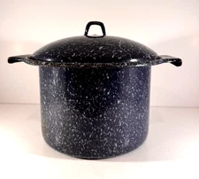 Small Vintage Black Speckled Graniteware Pot with Lid
