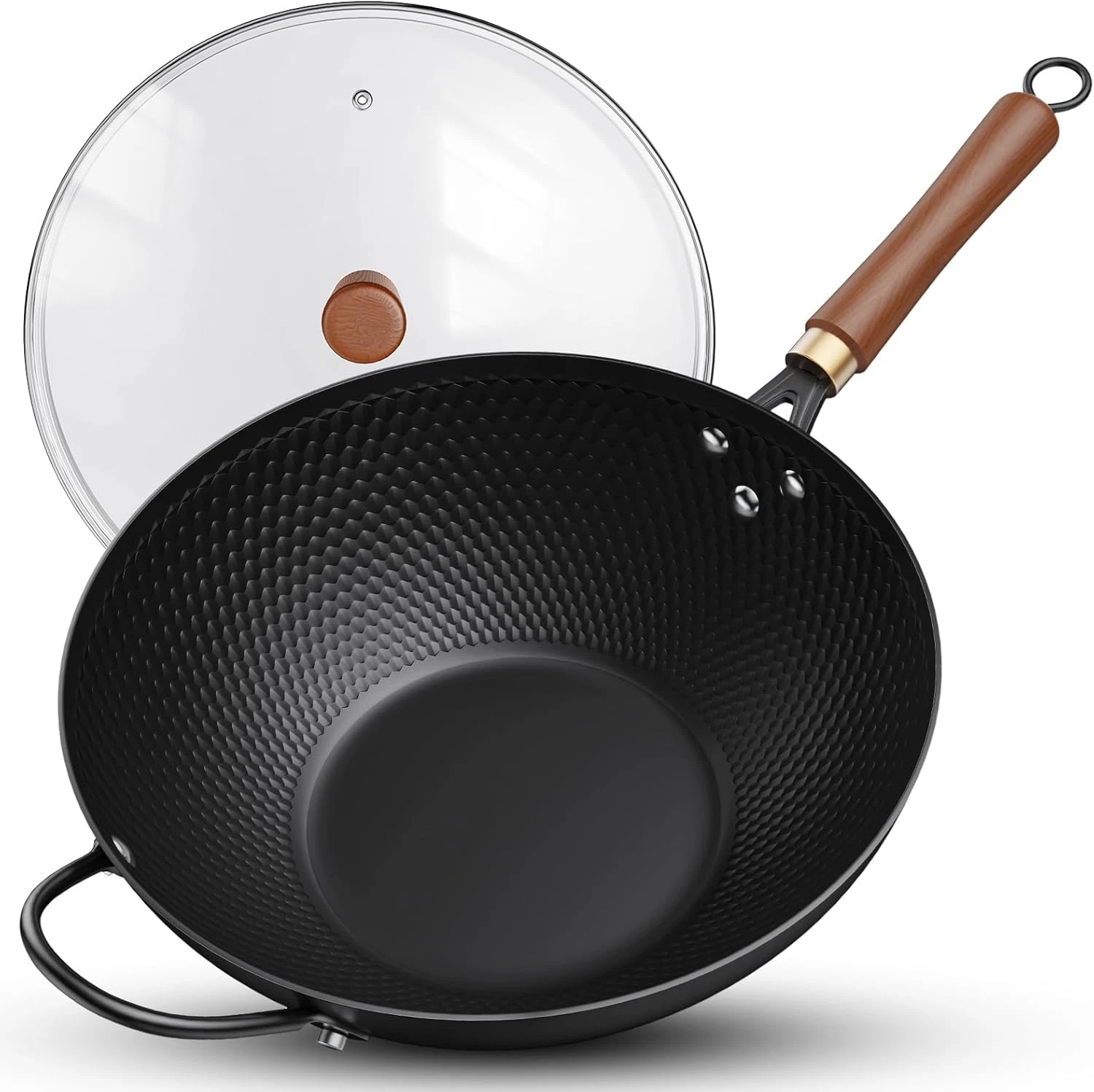 Nonstick Wok, 13-Inch Carbon Steel Wok Pan with Glass Cover, Woks & Stir-Fry Pan