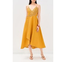 FARM Rio Bananas Maxi Wrap Dress Yellow Embroidereed Eyelet High Low Size L NWOT
