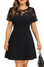 Plus Size Cocktail Dress - Lace Wedding Guest Party Crew Neck Short A Line Dr...