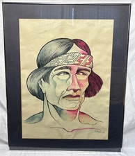 Vintage 1969 Original Watercolor Portrait Painting Signed A Godoy Muscle Man